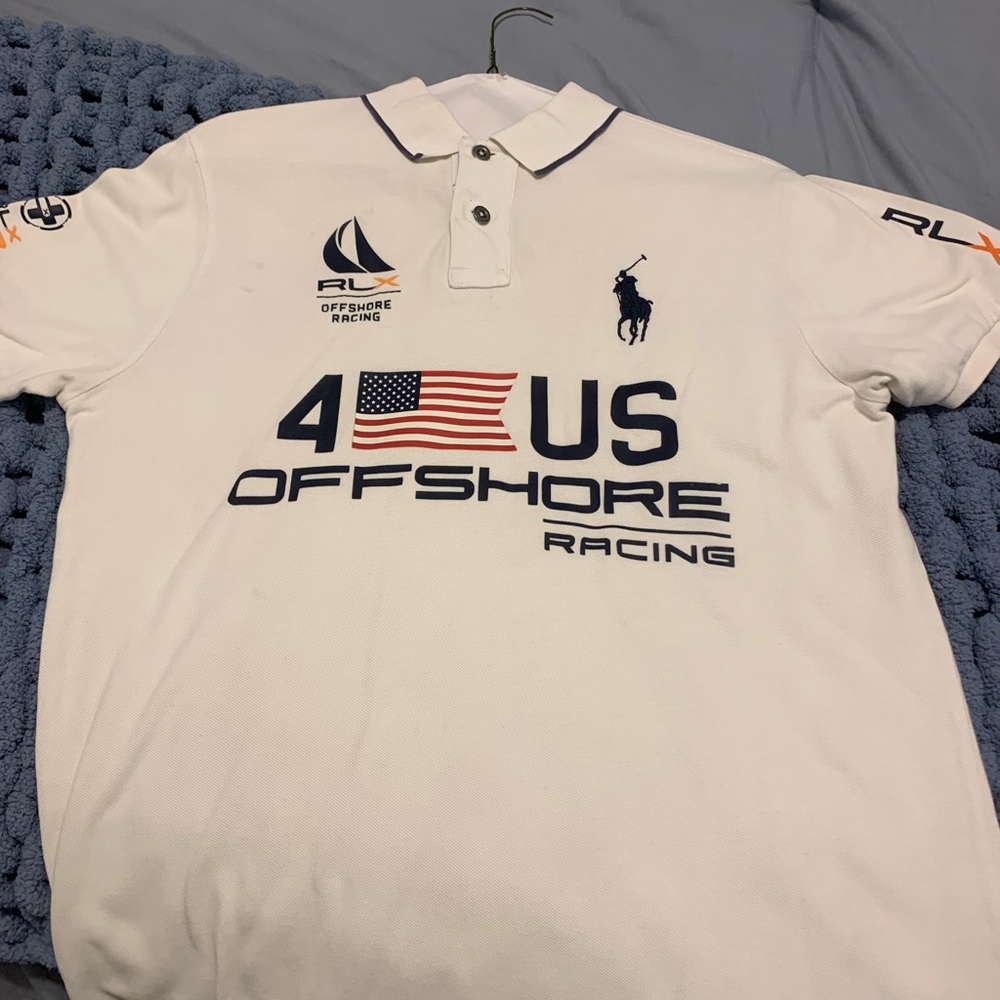 Ralph Lauren White Polo with Navy & Red US Offshore Racing Graphics